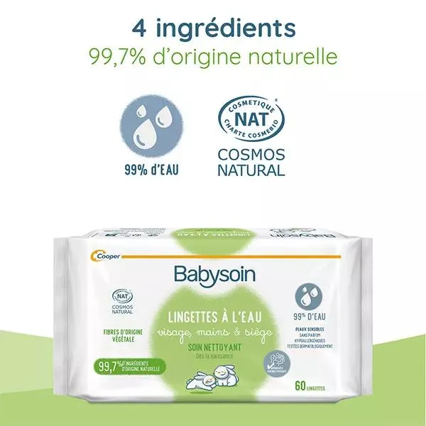Babysoin Lingettes à l'Eau Corps Visage Siège Sans Parfum Lot de 4 x 60 lingettes