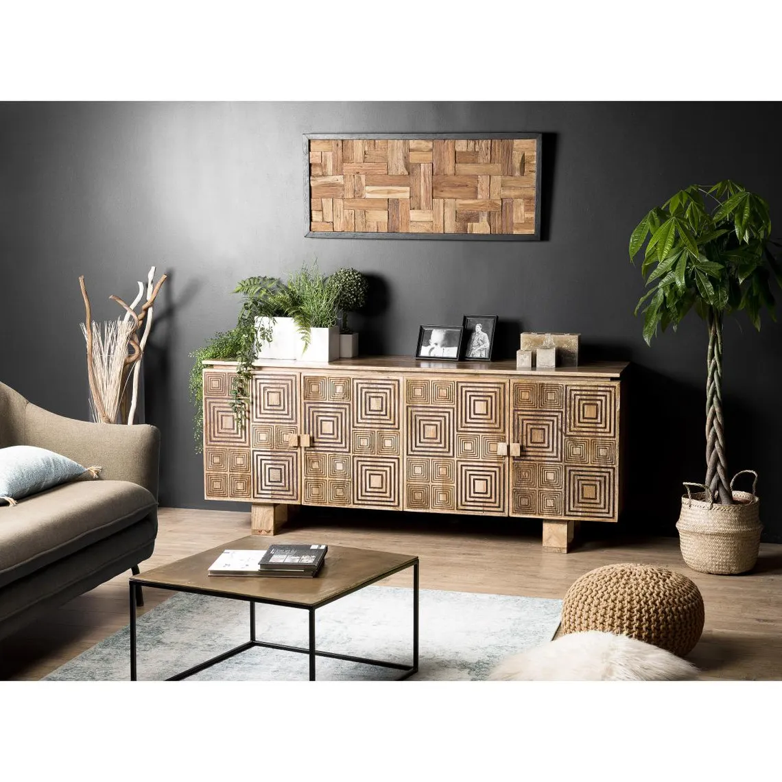 Buffet bois Manguier 177x45cm 4 portes 2 étagères Goa | 3 Suisses