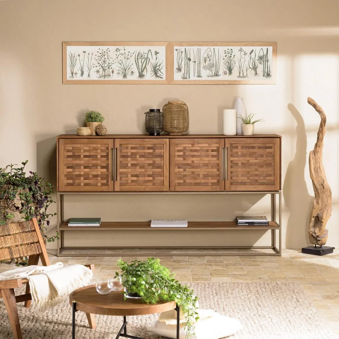 Buffet en bois de teck recyclé 4 portes en tissage de bambou  | 3 Suisses