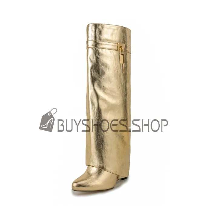 Confort Chaussures Ceremonie Compensée Vernis Knee Boots Replié Bottes Hautes Femme Simili Cuir Talons Hauts Moderne Bout Pointu