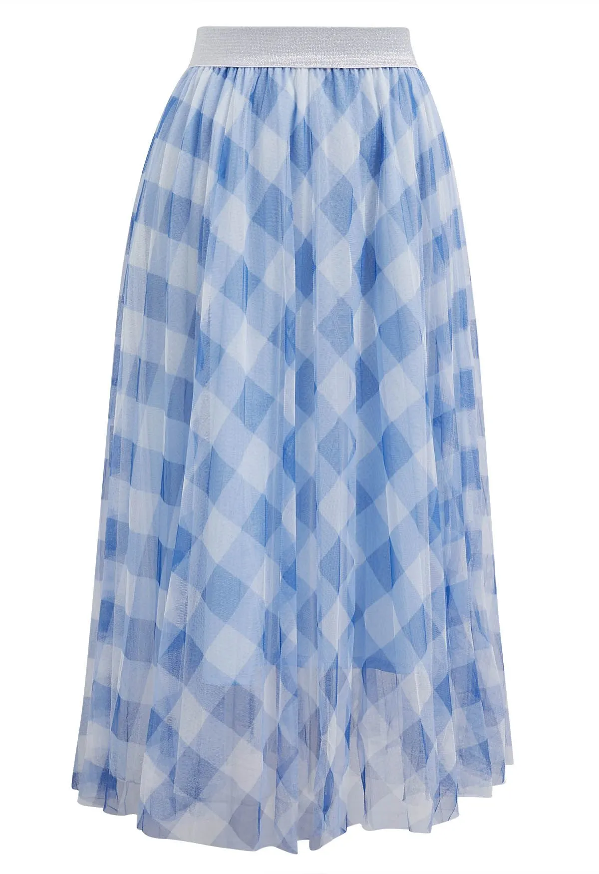 Jupe mi-longue en tulle à imprimé vichy en bleu