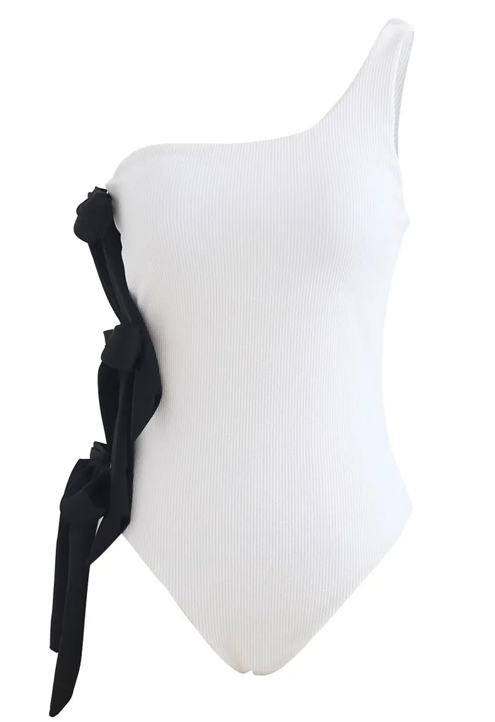 Maillot de bain une épaule Bowknot Side en blanc