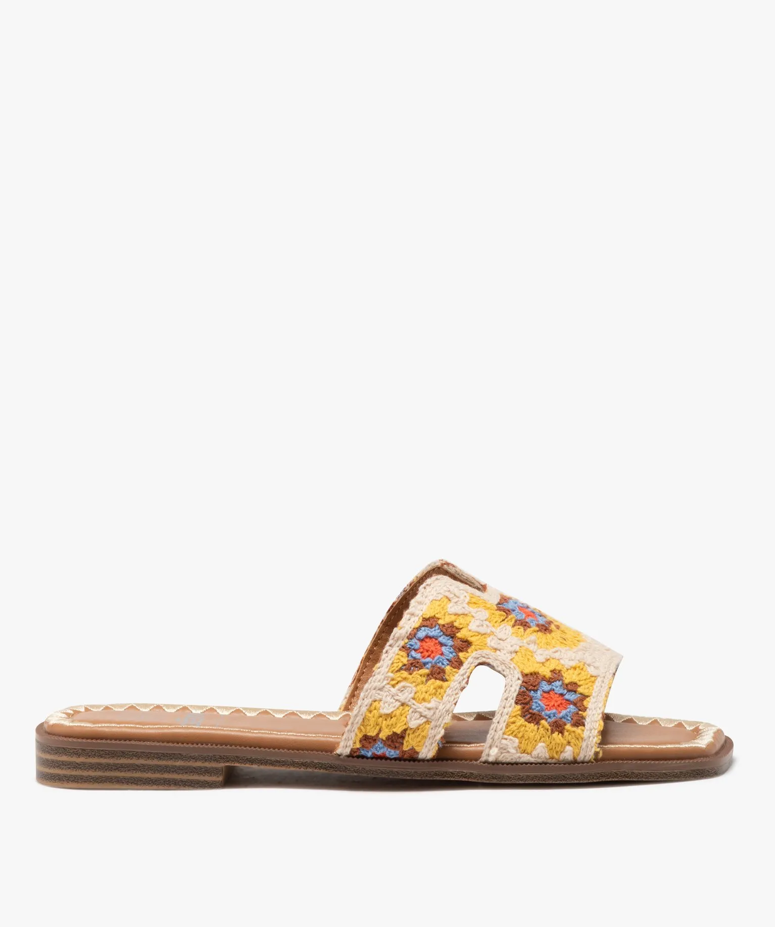 mules femme plates dessus en crochet jaune sandales plates et nu-pieds