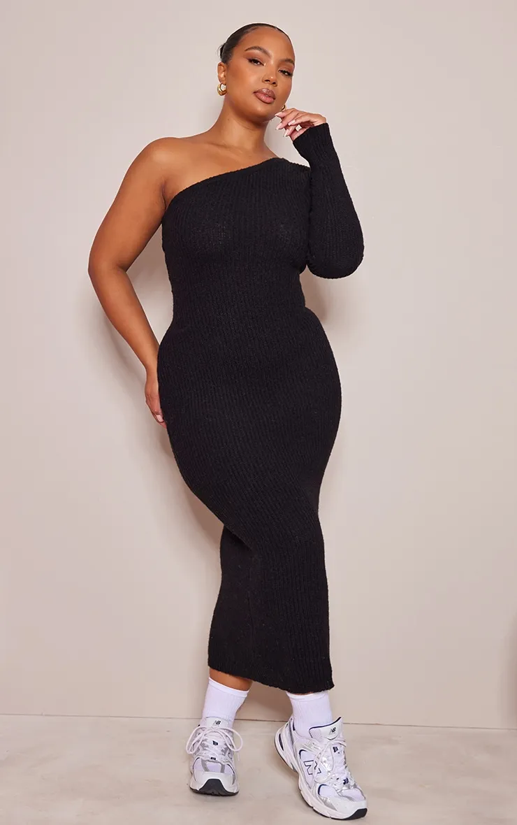 Plus Robe longue en maille tricot noir à épaule dénudée