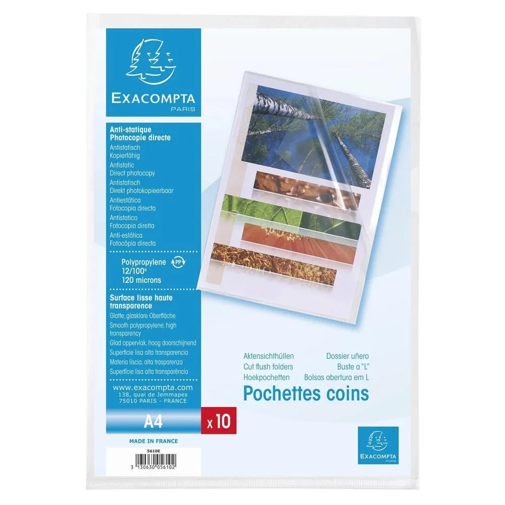 Sachet 10 pochettes coin polypropylène lisse 12/100e A4 cristalx10