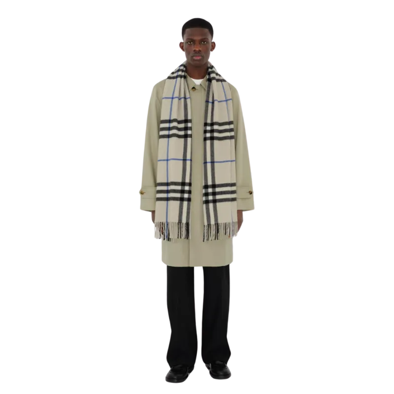 Écharpe cachemire beige gris carreaux check bleu
